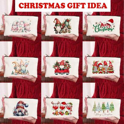 Borsette cosmetiche a tema natalizio, set disponibile in più pezzi (1/5/10/20 pezzi), borsellini portabigiotteria versatili, sacchetti regalo natalizi, portamonete, sacchetti per caramelle, con disegni di Babbo Natale, elfi, alberi di Natale e altri motivi festivi, essenziali per creare un'atmosfera natalizia, borse in tessuto portatili e multifunzionali con un tocco festivo, borse confezione indispensabili per feste, regali e conservazione di Natale e Capodanno, adatte per uomini e donne