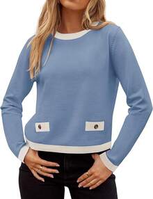 Women's Fall Sweaters 2025 Long Sleeve Crewneck Knit Color Block Lightweight Pullover Tops Clothes - Bầu trời - Xem 1