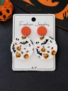 1 对万圣节蝙蝠、南瓜和骷髅印花仿陶耳钉，派对的完美礼物（随机卡片）