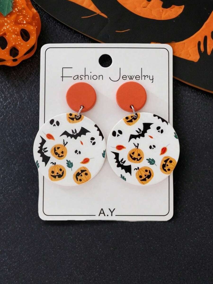 1 对万圣节蝙蝠、南瓜和骷髅印花仿陶耳钉，派对的完美礼物（随机卡片）