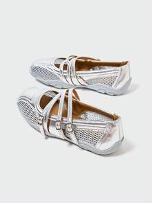 MASKERT Women's Retro Ballet Style German Training Shoes, Casual Sports Shoes, Mary Jane Shoes, Shallow Mouth Casual Shoes, Comfortable And Versatile - 銀色 - 查看 2