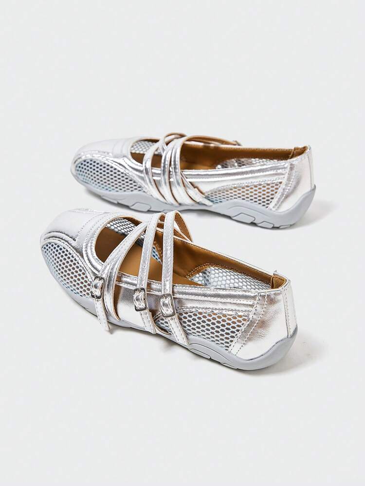 MASKERT 女士复古芭蕾风德式训练鞋休闲运动鞋玛丽珍鞋浅口休闲鞋舒适百搭 - 銀色 - 查看 2