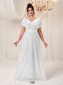 YISIKADO 大码女式亮片V领披肩短袖派对晚礼服 - 白色 - 查看 4