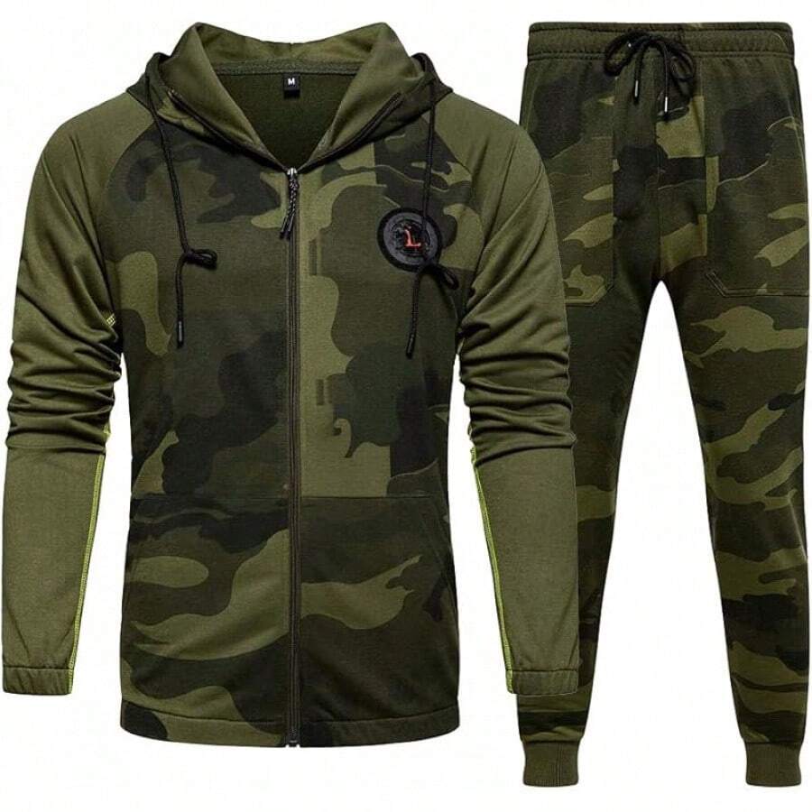 Mens 2 Piece Casual Tracksuits Camo Hoodie Jogging Sweatpants Suit, Activewear - Armygreen#57 - View 1