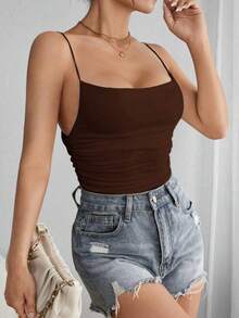 Women's Summer Bodysuit, Thin Straps With Ruched Side Details - Cà phê nâu - Xem 4