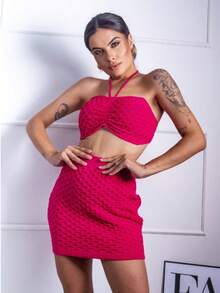 Women's Modal Knit Set With Relief Scales, Top And Skirt, Summer Knit - 玫紅色 - 查看 4