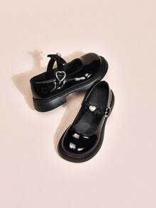 Zapatos de princesa con decoración de lazo y corazón para niñas, zapatos elegantes de estilo británico para la escuela/actuaciones, moda coreana - Negro - Ver 5