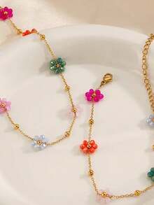 1pc Stainless Steel Colorful Daisy Flower Beaded Necklace - Elegant Vintage Style Delicate Chain With Multi-Color Floral Accents, Mother's Day Gift For Women, Everyday & Holiday Jewelry, Versatile Gold-Plated Flower Necklace (Bead Color Random) - Multicolor - View 6