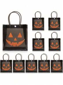 1/3 件万圣节派对礼品袋 - 透明 PVC 礼品袋，黑色手柄，万圣节派对专用鬼脸南瓜设计，易于清洁的派对装饰，万圣节配饰，橙色南瓜设计，结实的提手袋 - 彩色 - 查看 4