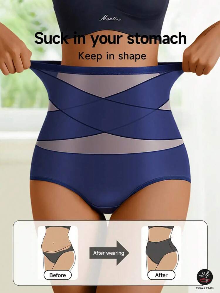 1 pieza Panty moldeador sin costuras de cintura alta para mujer, control de abdomen, levantamiento de glúteos, cinturilla, aplanamiento de vientre primaveral - Azul - Añade 1