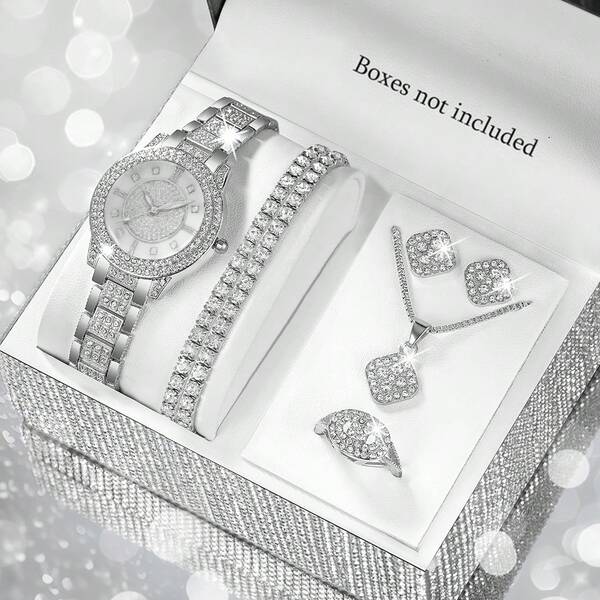 7 pièces Ensemble de montre de mode décontractée pour femmes avec cadran romain orné de strass, et accessoires de bijoux assortis : collier, bracelet, boucles d'oreilles et bague. Idéal pour les célébrations de mariage, les cadeaux d'entreprise, les réunions annuelles, les cadeaux pour employés, les femmes d'affaires haut de gamme, les tenues quotidiennes, les cadeaux d'anniversaire, les fêtes de vacances, les fêtes, les vacances à la plage, les cadeaux de la Saint-Valentin, pour les femmes, la famille, les amis, les mères, les étudiants, les adolescents, les filles - le cadeau parfait