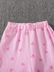 女童休闲简约蝴蝶结印花长袖条纹衬衫和直筒裤套装，春秋 - 粉色 - 查看 6