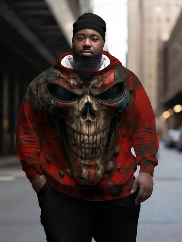 Sudadera con capucha de manga larga roja con estampado de calavera para hombres, sudadera casual de pullover, para ejercicio y entretenimiento al aire libre, tallas grandes, para primavera y otoño