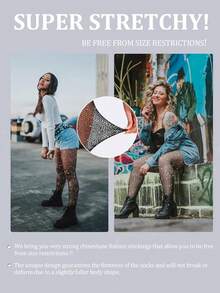 2 Pares de Meias-Calças de Rede Preta com Aplicações de Strass em Tom de Pele para Mulheres Plus Size, Meias-Calças de Malha Pequena de Alta Elasticidade, Meias Cintilantes para Dança em Boates, Adequadas para Todas as Estações, Estilo Gótico, Moda e Versáteis.