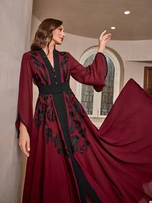Women's Embroidered V-Neck Color Block Elegant Dress - Burgundy - View 8