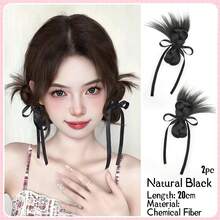 2 pezzi Parrucca sintetica integrata con fermagli, lunghezza 20cm/8 pollici, dolce e versatile, con fiocco e doppio chignon