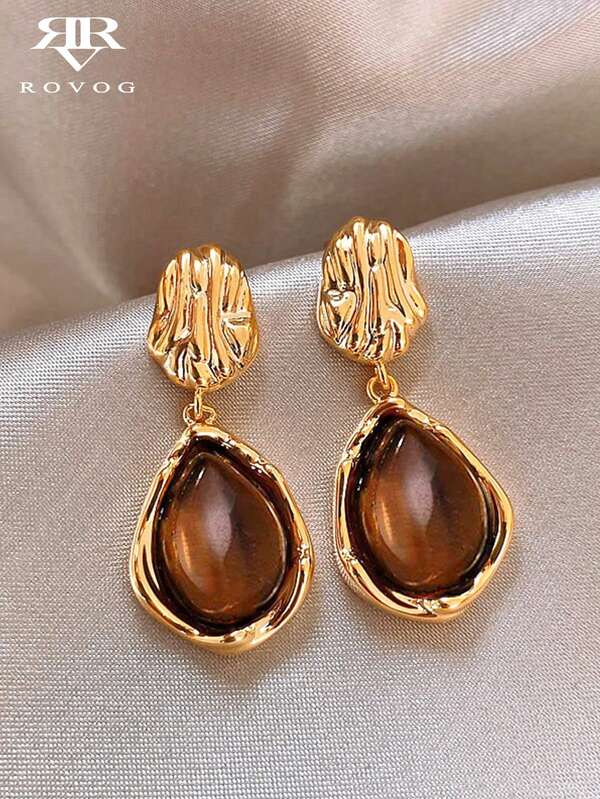 1 Pair French Vintage Resin Water Drop Earrings Suitable For Women's Daily Casual And Vacation Wear