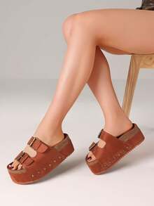 Women's Cork Platform Sandals Fashion Studded Adjustable Buckle Straps Slip On Thick Bottom Casual Wedges Clogs Slide Sandals Woman - Brown - View 3