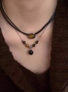 2 件复古皮革棕色宝石吊坠项链女式复古堆叠颈链气质锁骨链嘻哈珠宝配饰 - 2件套裝 - 查看 2