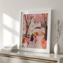 1 pieza Pintura de pared de bruja rosa de Halloween, Pintura de tres niñas pidiendo dulces, arte de pared raro y lindo, imprimible de otoño para habitación de niñas (Marco opcional)