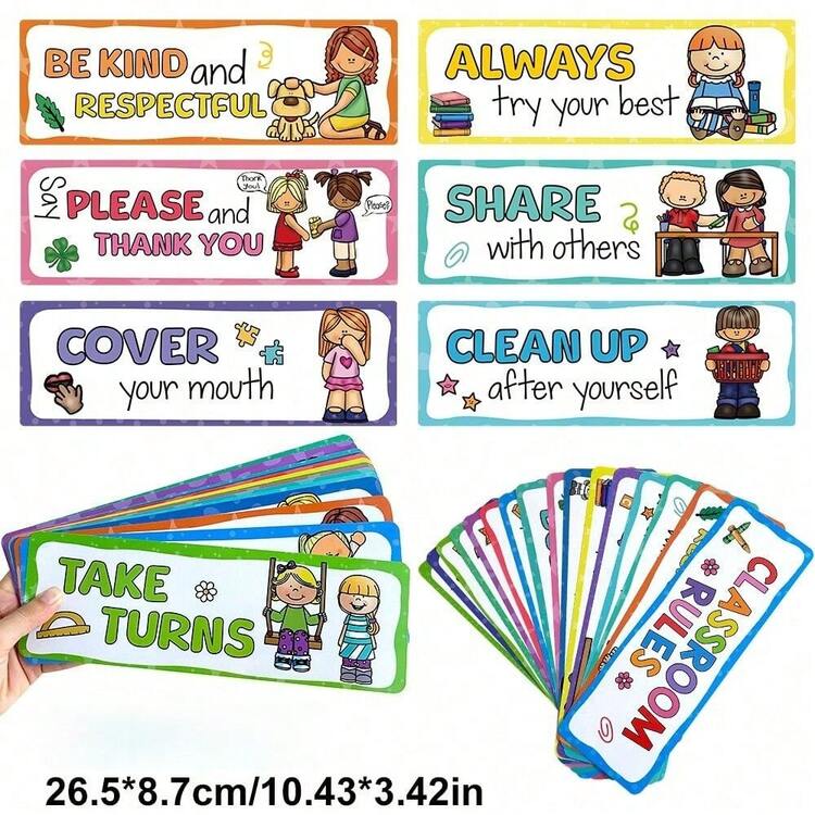 8 件彩色英语课堂规则海报 - 教育行为图表和良好习惯学习材料，适合幼儿园教师，教室装饰套装 - 彩色 - 查看 5