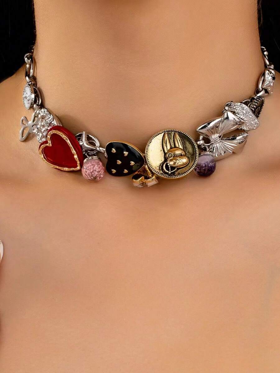 OABE 1pc Retro Hip Hop Punk Style Chic Zinc Alloy Multi-Pendant Chain Necklace, Suitable For Women's Daily Wear