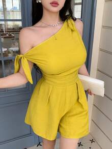 abyoxi 女士黄色性感不对称领单肩系腰极简连体裤，休闲通勤、海滩度假、日常穿着，春夏短款连体裤 - 芥末黃 - 查看 6