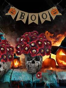 2PCS/5PCS/10PCS 玫瑰人造花人造血玫瑰和眼睛花束仿真单枝长茎假丝玫瑰束适合派对、家庭、万圣节 DIY 装饰 - 萬聖紅玫瑰黃眼 - 查看 6