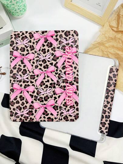 1pc Leopard Bow Customized Tablet Case, Suitable For IPad 10th/11th/10.2/10.5/Air4/Air5/10.9/Pro11/Air 11-In.(M2)-2024/Pro 11-In.(M4)-2024/IPad Air 11-Inch (M3) 2025/IPad (A16) 11 Inch 11th Generation 2025 Mini6/Mini7/Air1/Air2/9.7/Tab A8 10.5 Inch 2022, Minimalist/Elegant/Creative/Personalized Design, Magnetic Sleep/Wake, Stylus Holder (Stylus Not Included)