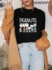 SNOOPY 花生漫画和它的朋友们女士圆领宽松短袖可爱夏季休闲短袖 - 黑色 - 查看 3