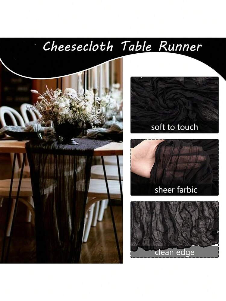 71/118 Inch Black Thick Cotton Table Runner, Boho Farmhouse Style Sheer Chiffon Summer Table Runner, Suitable For Wedding Party Birthday Home Decor Holiday Decoration - Black - View 3