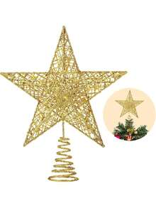 1pc Christmas Tree Toppers Xmas Glitter Gold Hollow Star Treetop Topper For Christmas Tree Decoration,Star Treetop