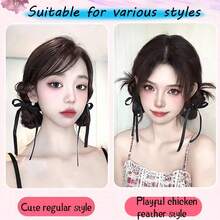 2 pezzi Parrucca sintetica integrata con fermagli, lunghezza 20cm/8 pollici, dolce e versatile, con fiocco e doppio chignon