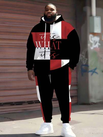 2pcs Plus Size Men's Contrast Color Letter Print Hoodie Set, Patchwork Loose Casual Tracksuit, Outdoor Sports Outfit With Drawstring Pocket