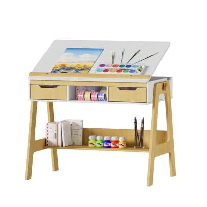 FXLTSBL Children's Desk Made Of Solid Pine Wood, Natural/White - Desk With Tilt-Adjustable Tabletop, Beautiful Youth Desk With 2 Drawers