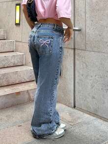 Fashionable Millennium Style Casual Women's Classic Light Color Embroidered Back Pocket Straight Leg Long Jeans - Rửa tối - Xem 4