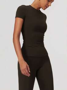 女士T恤秋季休闲纯色户外跑步运动短袖瑜伽健身服