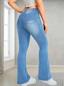 女士休闲通勤修身低腰喇叭牛仔裤 - 淺藍色 - 查看 3