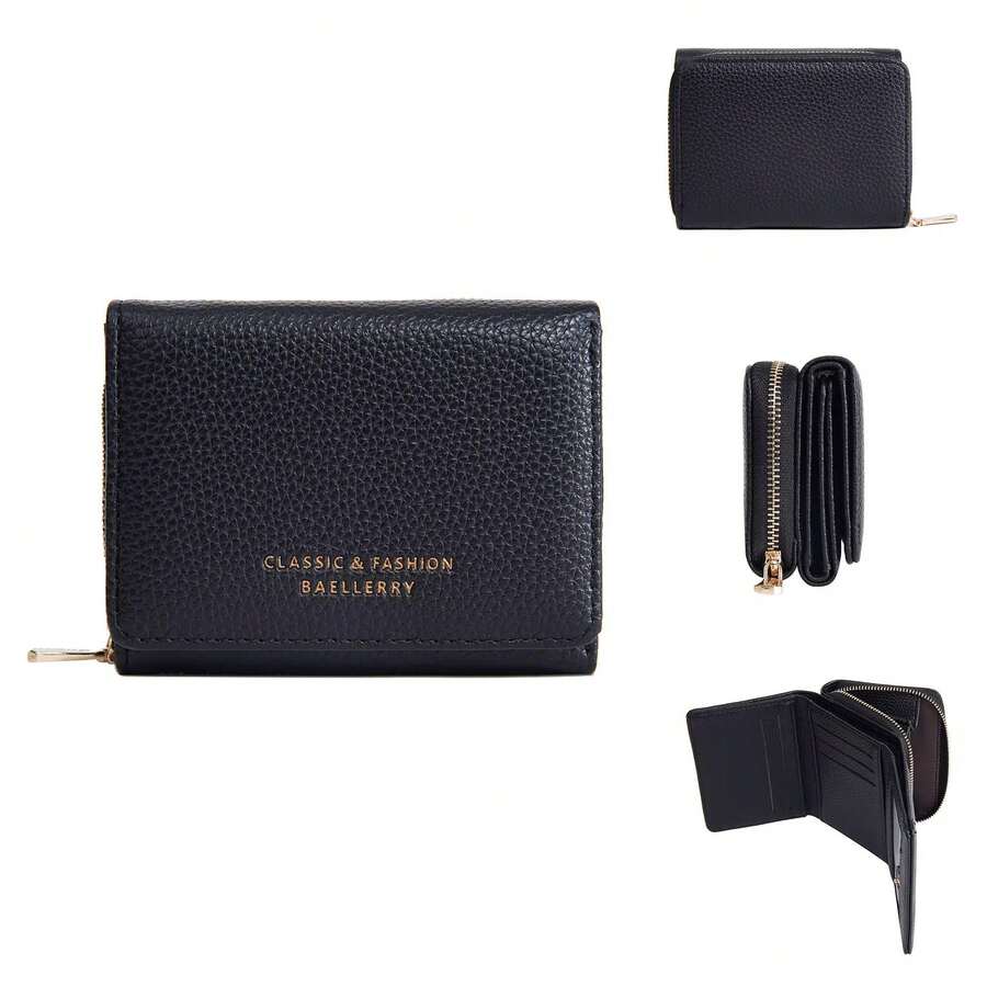 4 In 1 Women's Small Slim Wallet Coin Purse Documents With Zipper And Magnet Button Christmas Secret Santa - Black - View 1