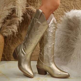 Fall/Winter 2025 Women's Mid-Calf Western Boots, Patterned Vintage Western Style/Embroidery Cowgirl Boots, Outdoor Hiking Anti-Slip Hunting Boots With Chunky Heels And Pointed Toes, Easy Slip-On For Outdoor Weddings And Festivals,Knee High Boots,Cowboy Boots