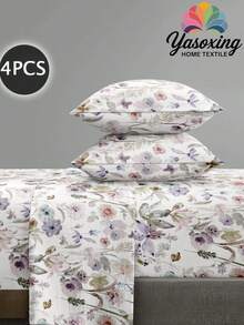 4pcs Garden Plant Flower Pattern Sheet Set Easy Care Microfiber Soft Bedding Set Fitted Sheet Set (1pc Flat Sheet+1pc Fitted Sheet+2pcs Pillowcases) Fitted Sheet Set King Queen Full TWIN SIZE Sheet Deep Pocket Up To 11.8 Inch Pillowcase, Soft Breathable Wrinkle-Free Better For Sleep, Luxury Hotel Style, Gift For Mom Dad Friend Domitory Bedding Back School - Multicolor - View 1