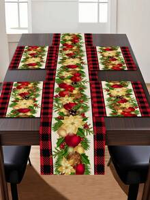 1 pieza Camino de mesa con estampado de serie navideña, 4 piezas Individuales con estampado navideño, adecuado para fiestas, cumpleaños, cenas, decoración de cocina y comedor, decoración del hogar y sala de estar para todas las temporadas - Multicolor - Ver 1