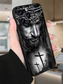 Sacred Jesus Portrait - Crown Of Thorns Creative Phone Case - Premium TPU Cover - Shockproof Anti-Slip Protection - For IPhone 16 Pro Max 15 Pro Max 14 Pro Max (Christian Faith Accessory Fashionable Phone Cases) - Black/White Religious Art With Crosses Design - Protectores De Celulares Phone Accessories - Anti-Fingerprint Clear Case - 黑色 - 查看 4