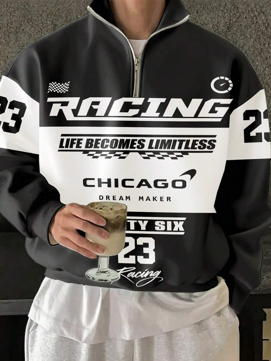 Áo sweatshirt nam dài tay, cổ cao, phối màu, in chữ và họa tiết đua xe, thích hợp cho mùa thu/đông. - màu đen - Xem 1