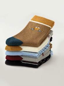 5 双儿童防滑卡通汽车条纹橡胶圆点地板袜，幼儿男童女童宝宝软底室内休闲中筒袜，适合日常穿着 - 彩色 - 查看 5