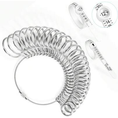 Kit de medición de anillos Yuicolili, 27 piezas de anillos de acero inoxidable de tamaños del 0 al 13 con medidas intermedias, 2 piezas de calibrador de medición de anillos de dedo (1 lupa) de tamaños del 1 al 17 para anillos de EE. UU.