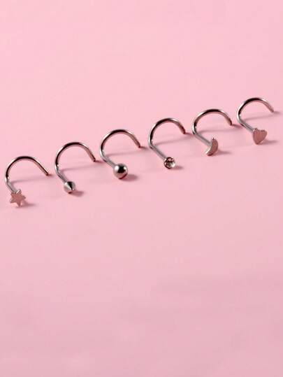 6pcs/Set Star & Heart Decor Nose Stud Stainless Steel Fashion Punk Perfect Piercing For Women & Men Body Jewelry Gift Valentines,Mom,Mother,Mother's Day,Gift
