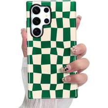 Checkered Phone Case For Samsung Galaxy S24 Ultra S22 S23 And A Series, Cute Plaid Checkerboard, Floral Pattern Compatible With IPhone 16 15 14 13 12 11 Pro Max Plus Protective Case Cover For Girls Women - Green Checkered - 查看 1