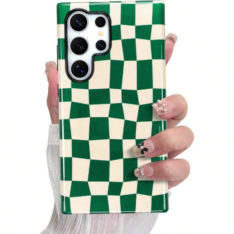 Checkered Phone Case For Samsung Galaxy S24 Ultra S22 S23 And A Series, Cute Plaid Checkerboard, Floral Pattern Compatible With IPhone 16 15 14 13 12 11 Pro Max Plus Protective Case Cover For Girls Women - Green Checkered - 查看 1