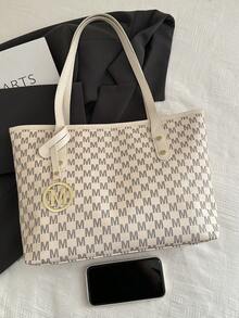 Large Capacity Letter Print Tote Bag, Plaid Shoulder Bag For Women, Commute Style - White - View 7